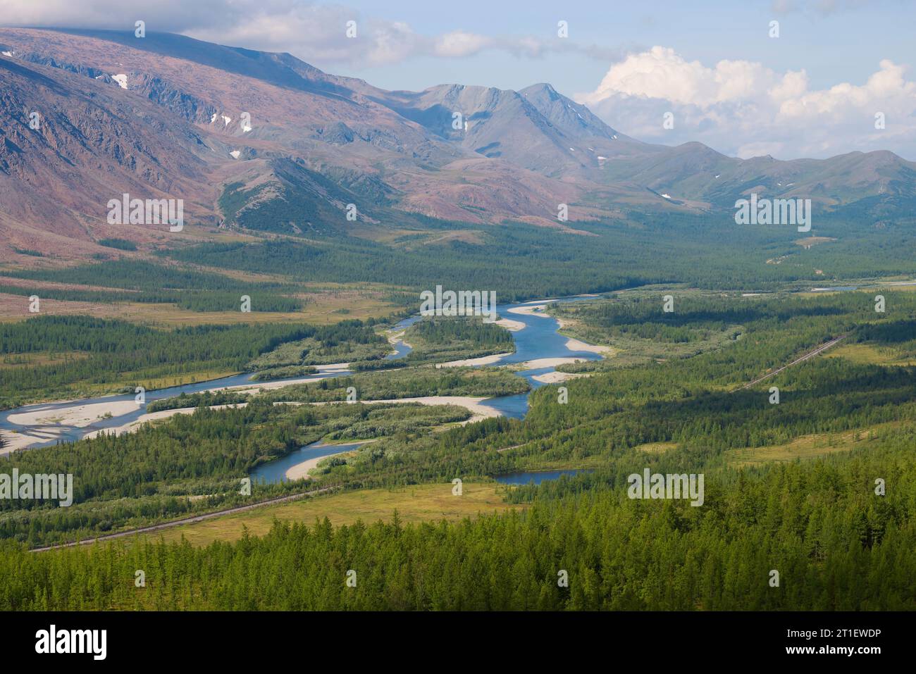 Vista sulla valle del fiume SOB. Polar Ural, Russia Foto Stock