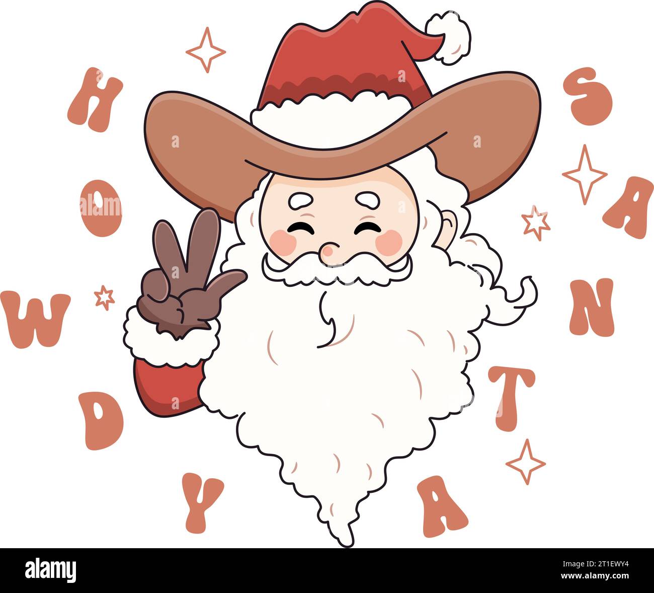 Howdy cowboy Babbo Natale. Illustrazione vettoriale Groovy Santa per il design della maglietta. Illustrazione Vettoriale