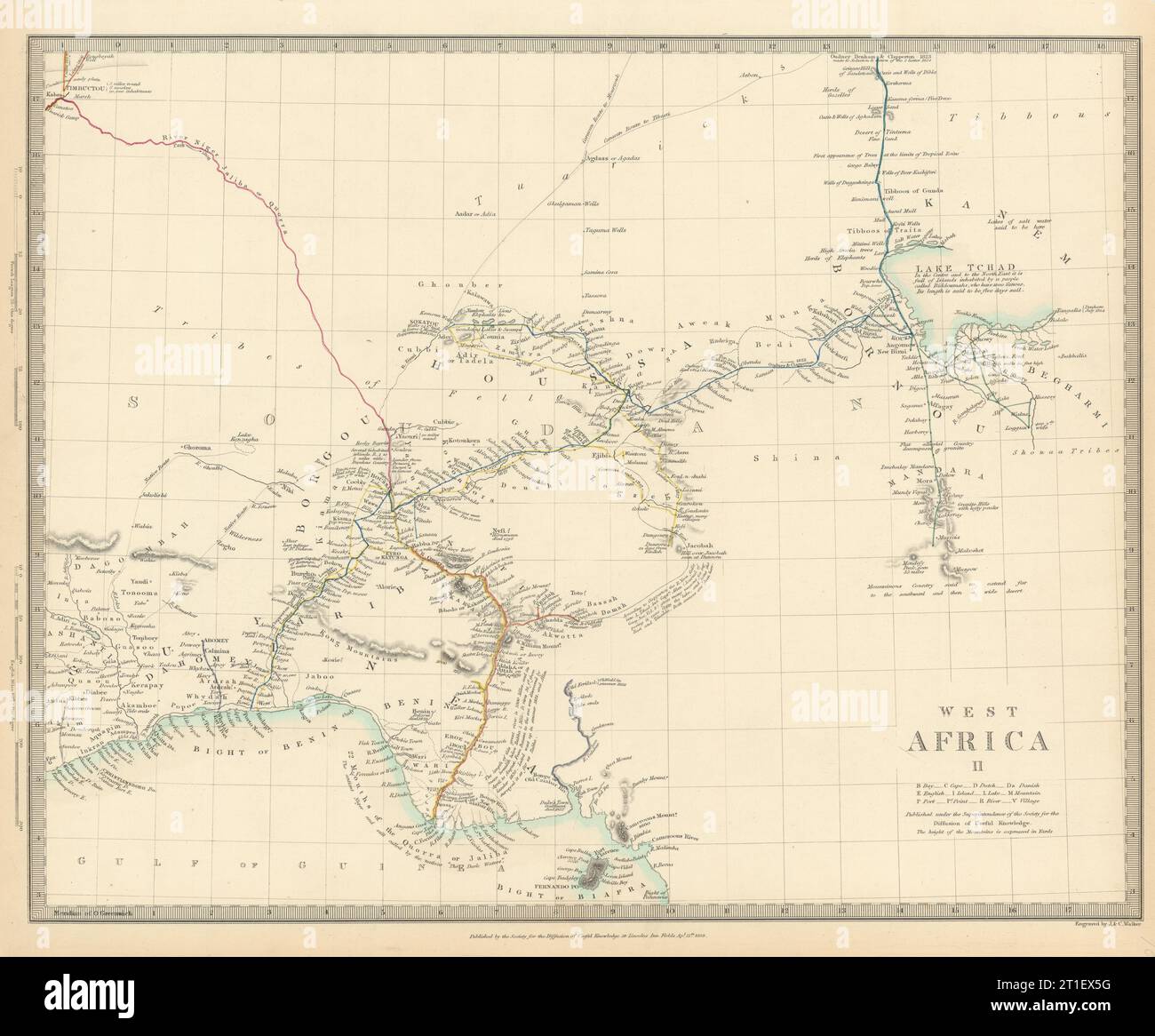 La Nigeria w/ primi esploratori' rotte. Il lago Ciad Yariba Houssa Borgou.SDUK 1844 mappa Foto Stock