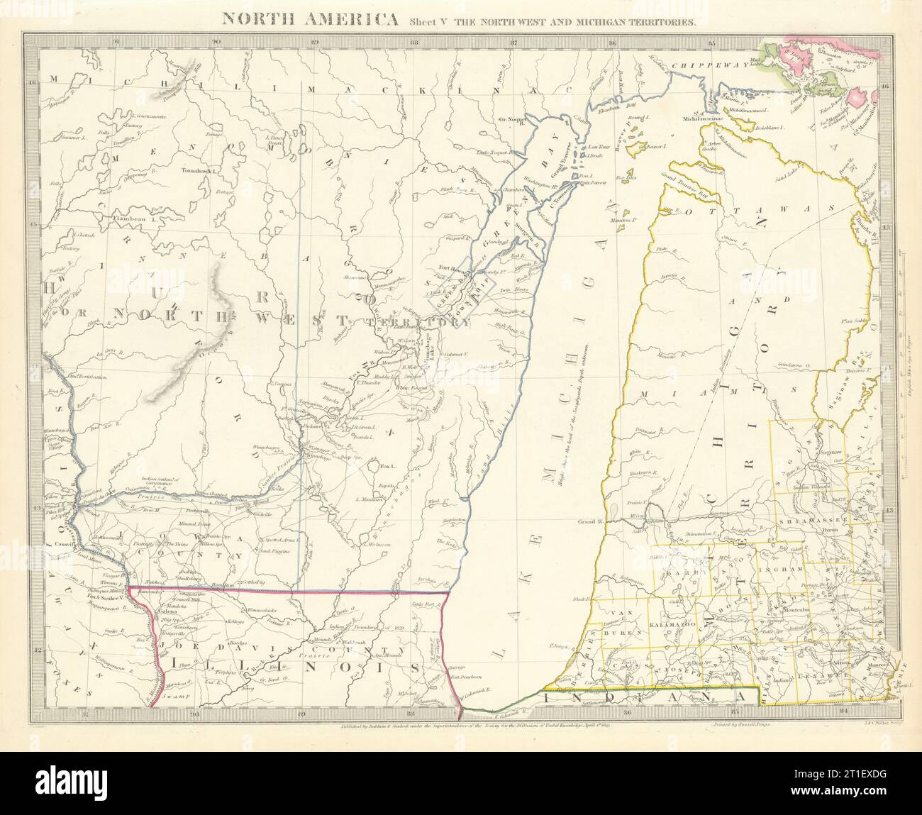 LAKE MICHIGAN.Wisconsin - territorio del NW.villaggi delle tribù indiane. Mappa SDUK 1844 Foto Stock