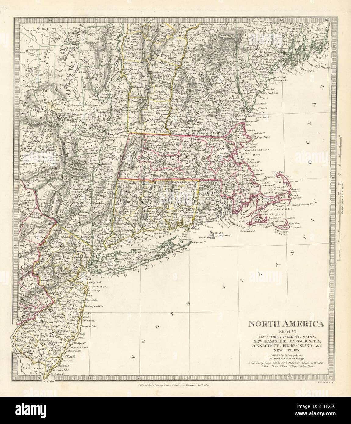 USA.New York Maine Massachusetts Connecticut New Jersey NH RI VT.SDUK 1844 mappa Foto Stock