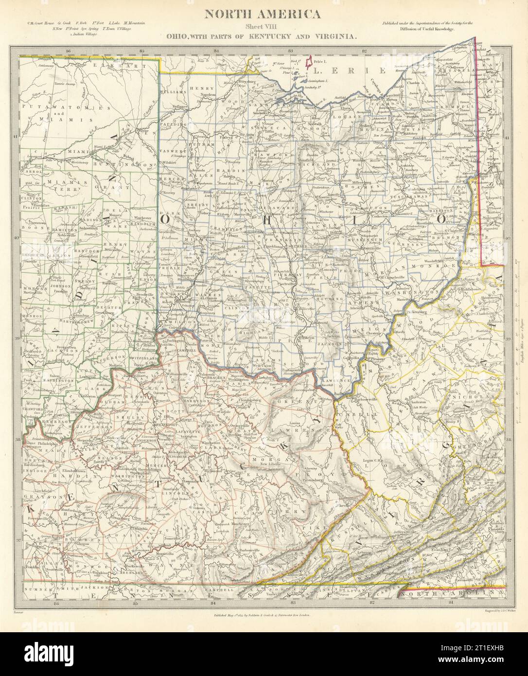 USA. Ohio con parti del Kentucky, della Virginia e dell'Indiana. Contee. Mappa SDUK 1844 Foto Stock