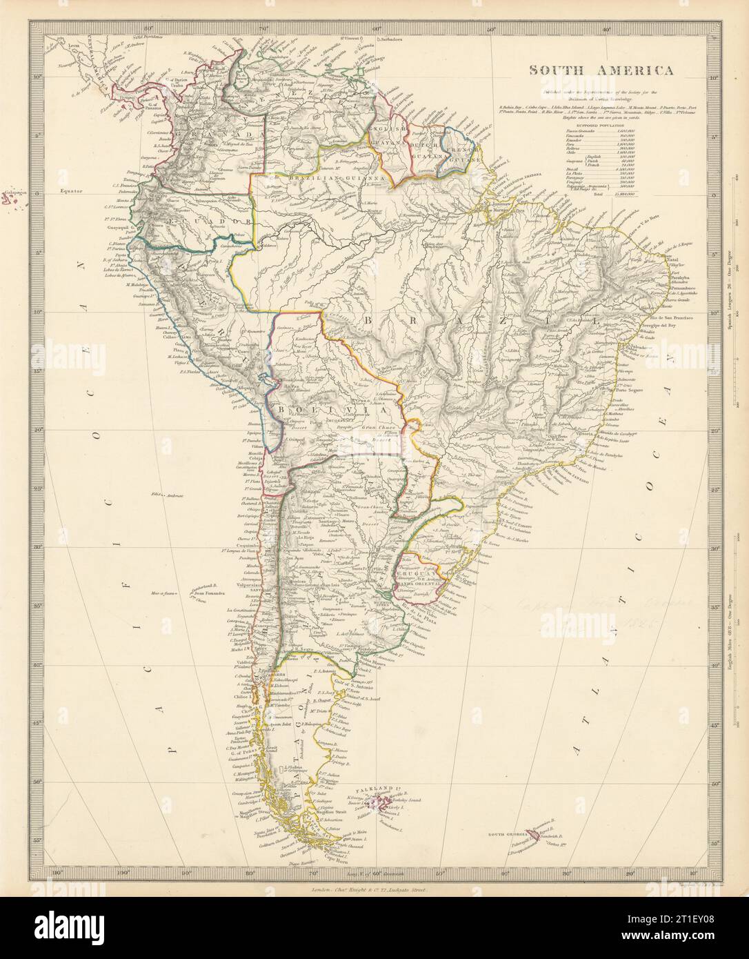 SUD AMERICA. Brasile Cile Perù Bolivia Patagonia la Plata. Vecchia mappa SDUK 1844 Foto Stock