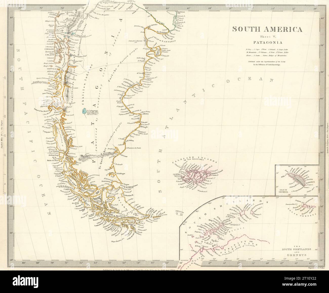 PATAGONIA. Argentina Cile Tierra del Fuego Falklands S Georgia.SDUK 1844 mappa Foto Stock