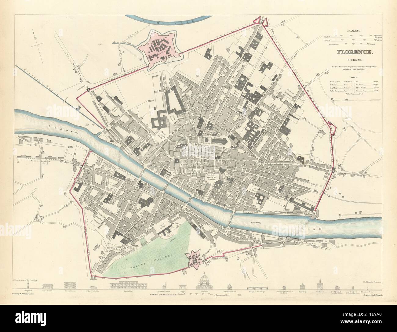 Firenze Firenze. Città antica città mappa piano. Edifici chiave profili. SDUK 1844 Foto Stock