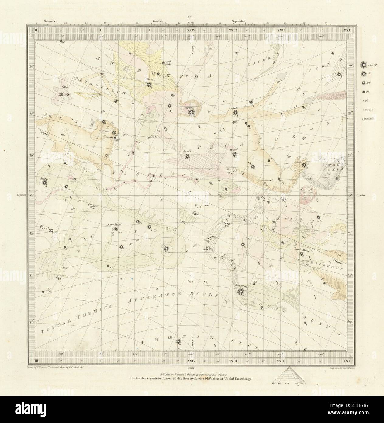 ASTRONOMIA CELESTE. Mappa stellare. Cartella stellare, io Equinozio di Vernal. SDUK 1847 Foto Stock