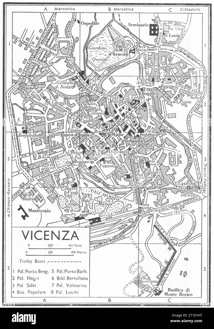 Piano città DI VICENZA. Italia 1953 vecchia mappa d'epoca Foto Stock