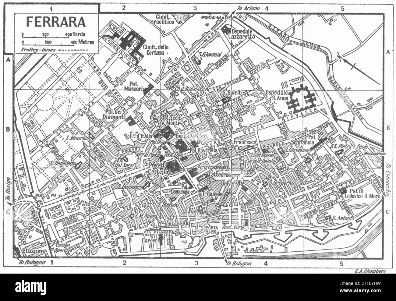 Comune di FERRARA. Italia 1953 vecchia mappa d'epoca Foto Stock