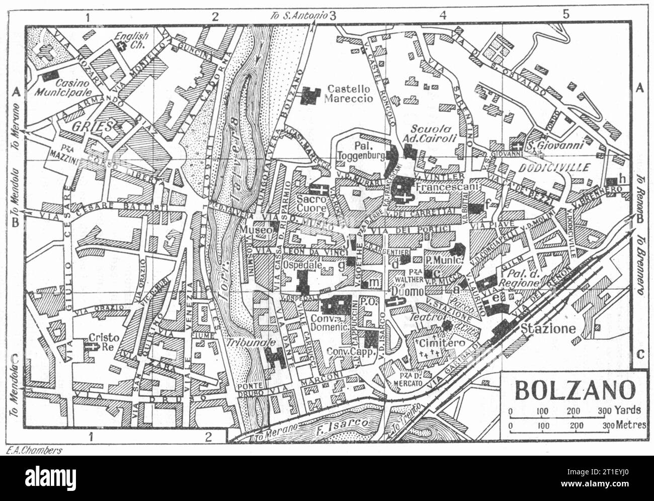 Pianta della città DI BOLZANO. Italia 1953 vecchia mappa d'epoca Foto Stock