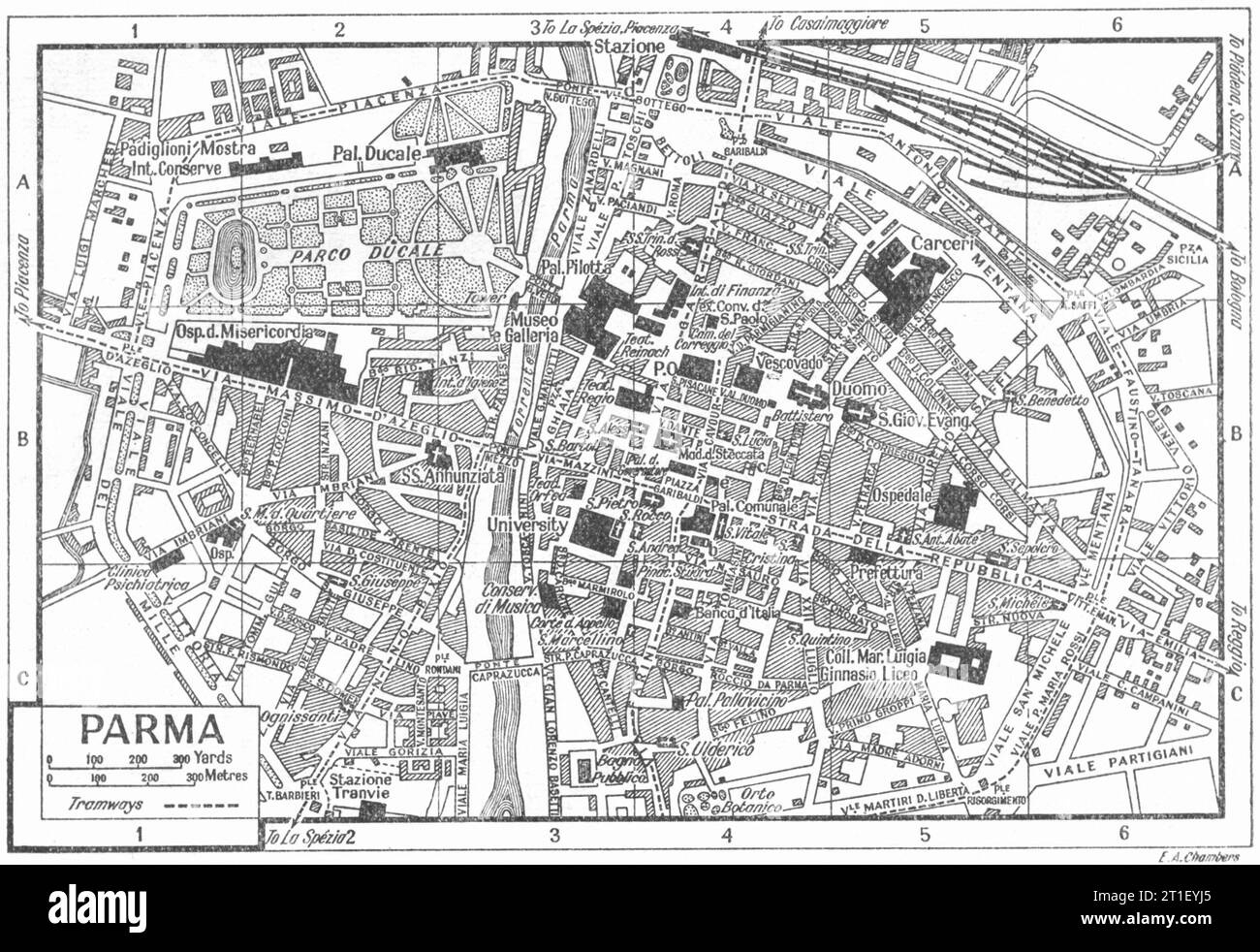 Piano città DI PARMA. Italia 1953 vecchia mappa d'epoca Foto Stock