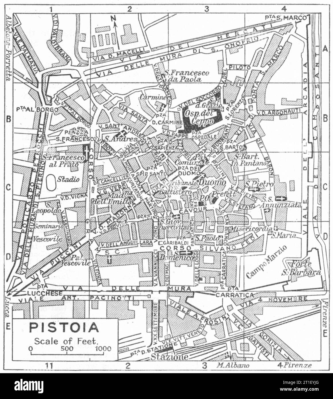 Piano città DI PISTOIA. Italia 1953 vecchia mappa d'epoca Foto Stock