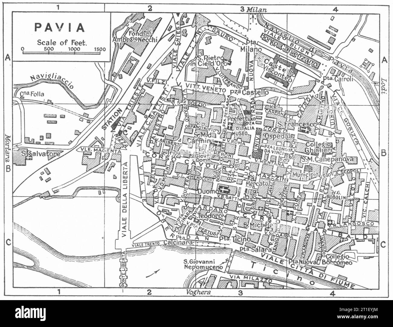 Piano città DI PAVIA. Italia 1953 vecchia mappa d'epoca Foto Stock