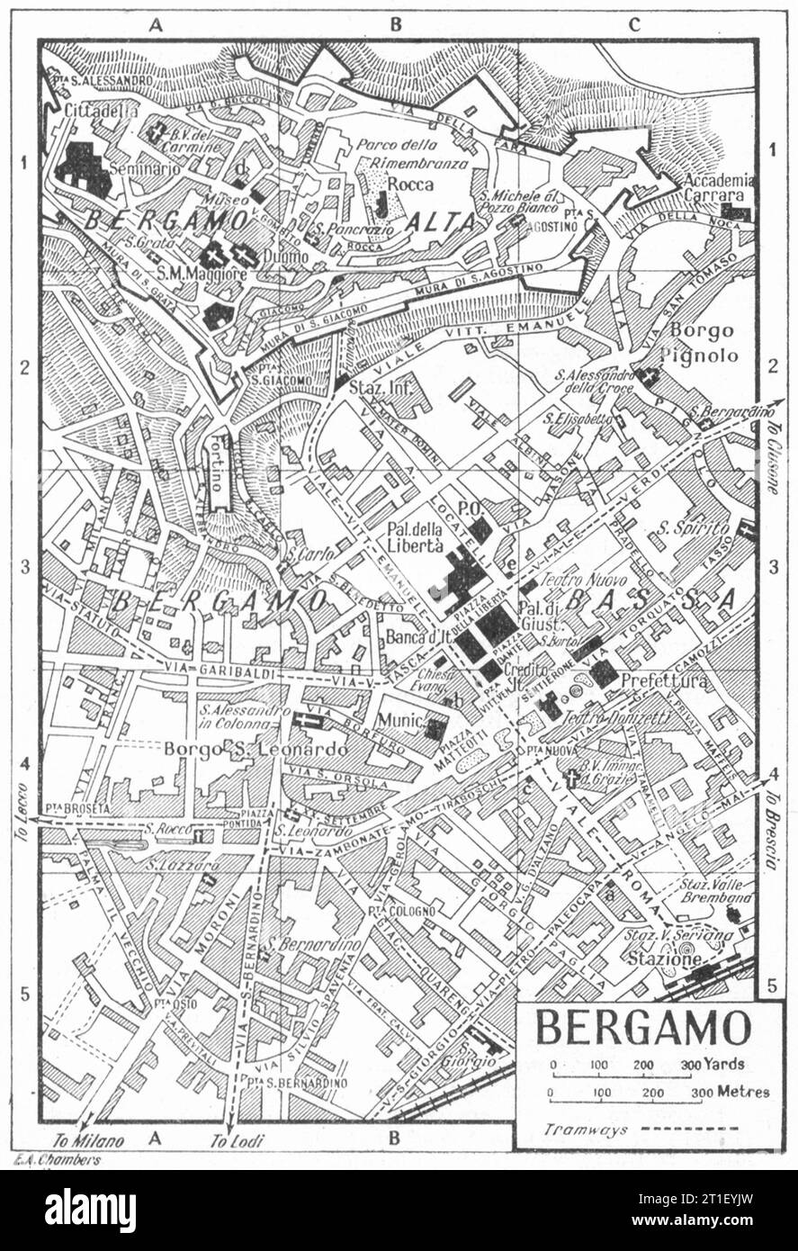 Piano città DI BERGAMO. Italia 1953 vecchia mappa d'epoca Foto Stock