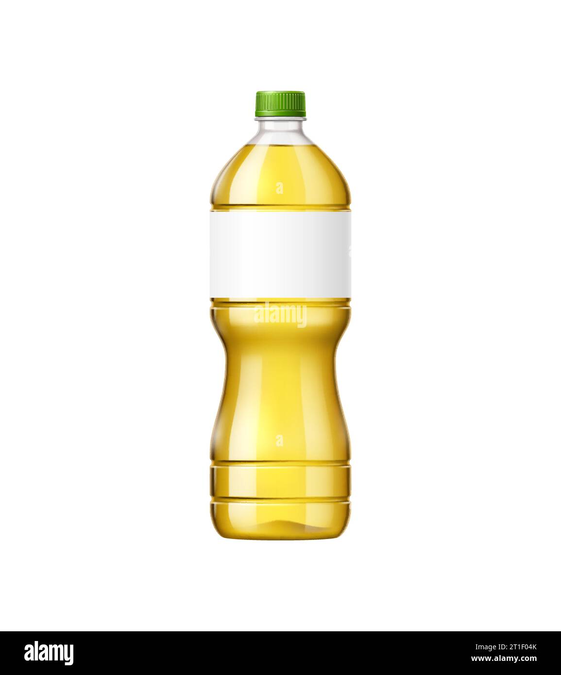 Bottiglia di olio di girasole modello 3d vettoriale, contenitore di prodotti vegetali freschi e puri, design del marchio con etichetta vuota e tappo verde. olio sano di qualità superiore in stile e semplicità Illustrazione Vettoriale