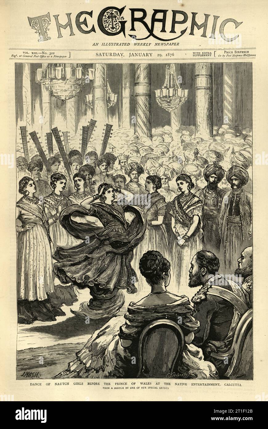 Illustrazione vintage delle ragazze Nautch che ballano davanti al Principe di Galles, poi Edoardo VII, Calcutta, India, anni '1870 vittoriani Foto Stock