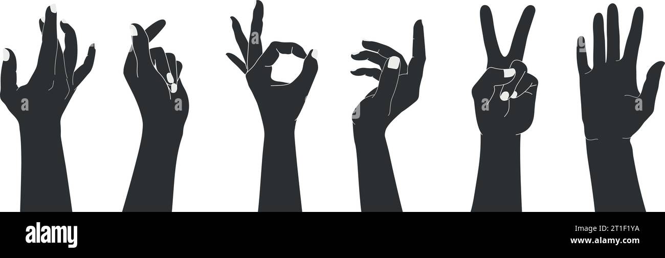 Set di sagome a mani umane rialzate con gesti diversi. Illustrazione vettoriale isolata delle mani umane Illustrazione Vettoriale