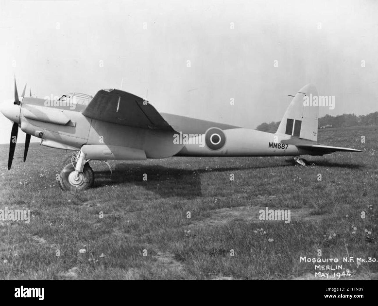 Aerei della Royal Air Force 1939-1945- De Havilland Dh 98 Mosquito Mosquito NF Mark 30, MM687, a Leavesden, Hertfordshire, dopo il completamento al De Havilland Aircraft Company opere. Questa versione è dotato di due stadi hp 1,680Rolls Royce Merlin 72 i motori e dotati di SCR.720/729 (AI segno X) radar in un radome universale. In seguito essa servita con il n. 456 Squadrone RAAF, e nel 1949 fu venduto per l'aeronautica belga. Foto Stock