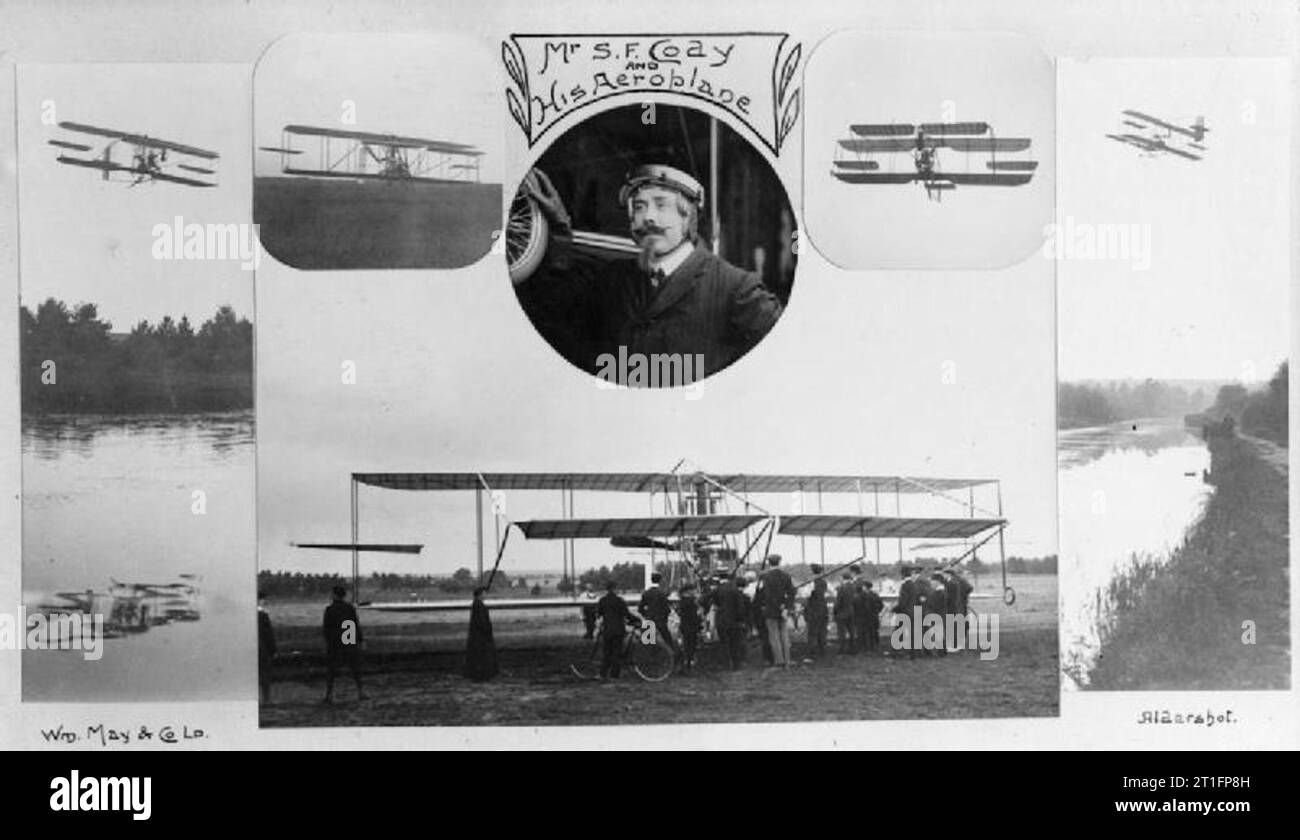 Aviazione in Gran Bretagna prima della Prima Guerra Mondiale Cody aeromobile mark II cartolina montage con un ritratto di Cody indossa una tuta e casco di volo nel mezzo. Cody è costruito questo aeromobile nel 1910; il velivolo precedente era stata in diversi crash e la sofferenza è stata generalmente da uso costante. Il design di questo velivolo seguito linee simili al precedente anche se l'apertura alare è più breve di circa sei piedi e l'ala zona circa un terzo più piccolo. La singola elica era originariamente destinato ad essere alimentato da due 60 hp motori verdi (mark IIA) anche se i problemi con la sincronia significava th Foto Stock