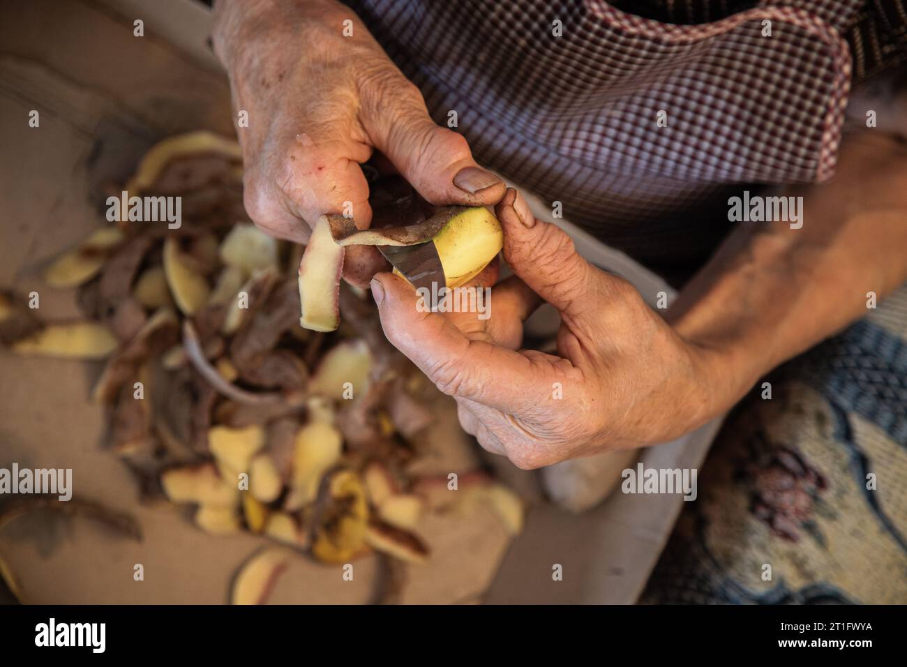 Le mani di una donna anziana che fa il lavoro domestico di pelare le patate. Mani anziane con problemi articolari, osteoartrite. Foto Stock