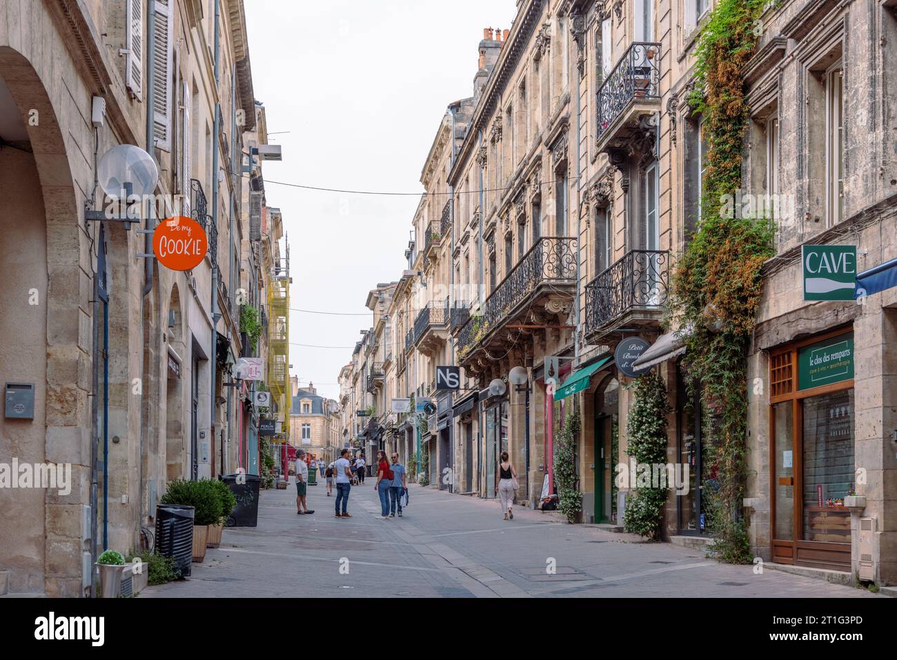 Una strada pedonale per lo shopping nella città di Bordeaux, nel sud-ovest della Francia. Le piante si arrampicano sull'esterno degli edifici in pietra. Foto Stock