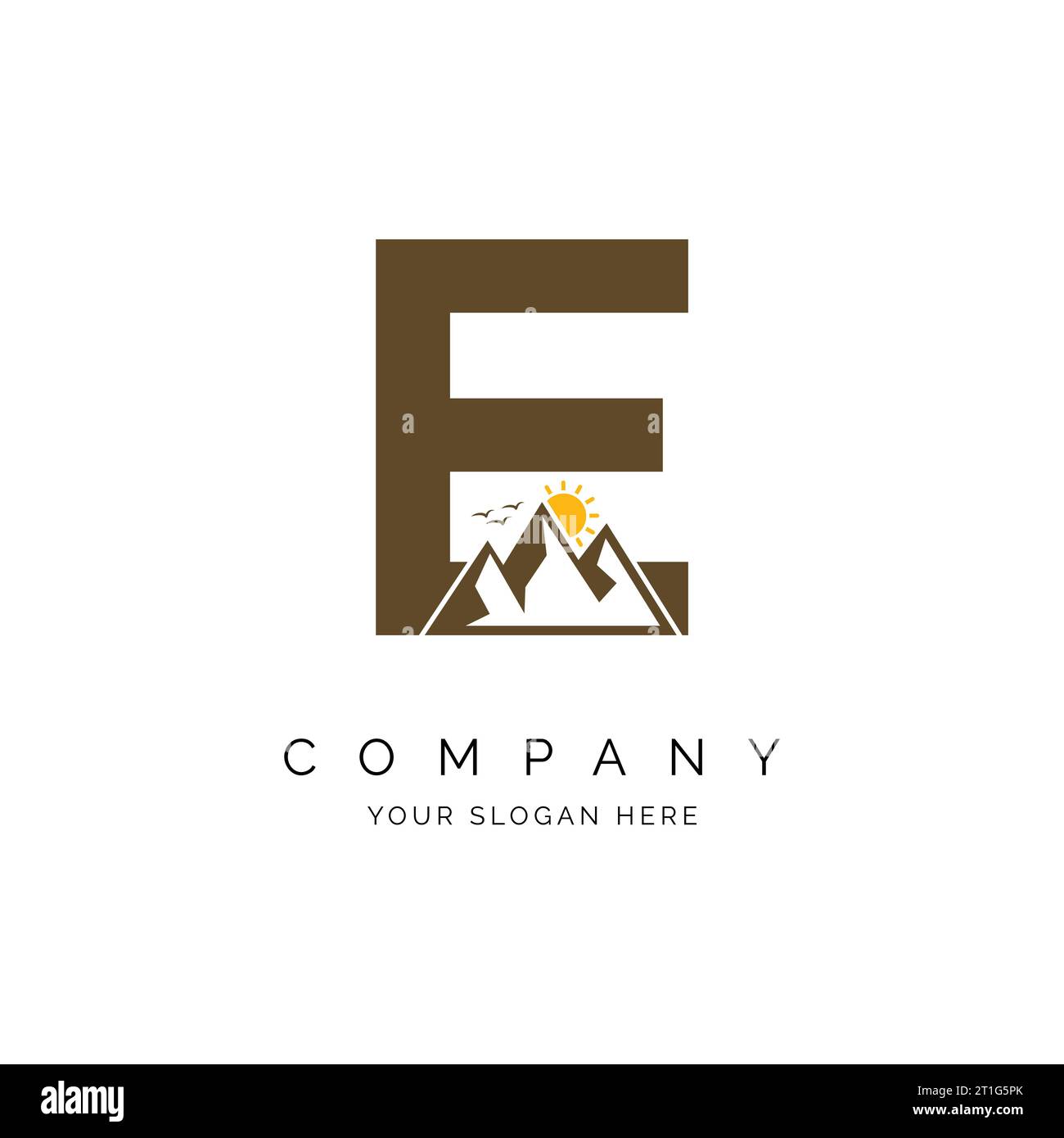 Lettera e con logo di montagna ispirato, alfabeto e con montagne, picchi, sole e uccelli motivo a linee vettoriali Illustrazione Vettoriale