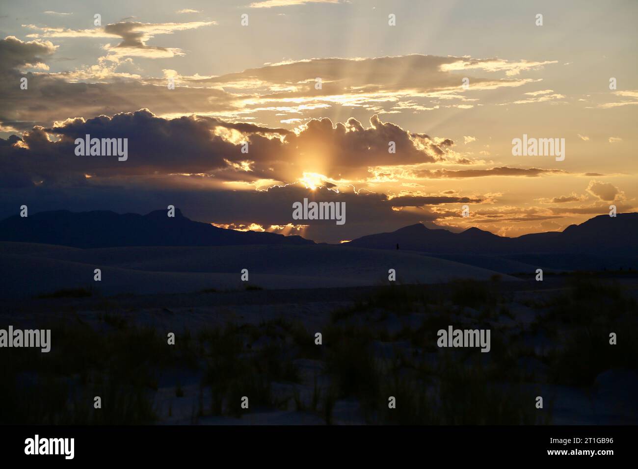 Il sole tramonta nel deserto Foto Stock