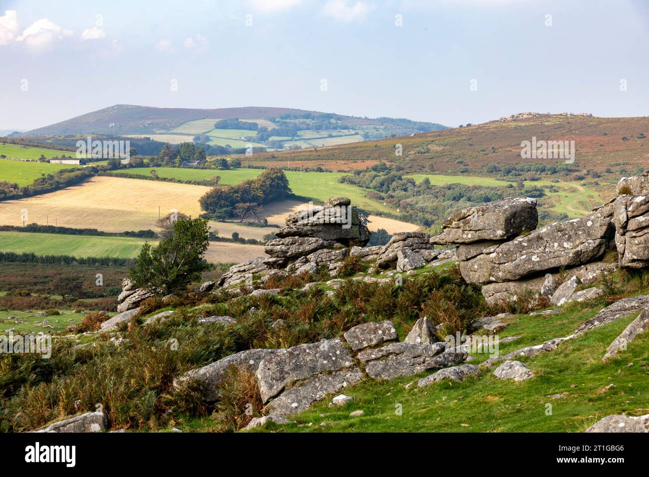 Hound Tor Dartmoor National Park nel Devon, formazione di granito roccioso che si pensa ispiri al libro Hound of the Baskervilles, Inghilterra, Regno Unito, settembre 2023 Foto Stock