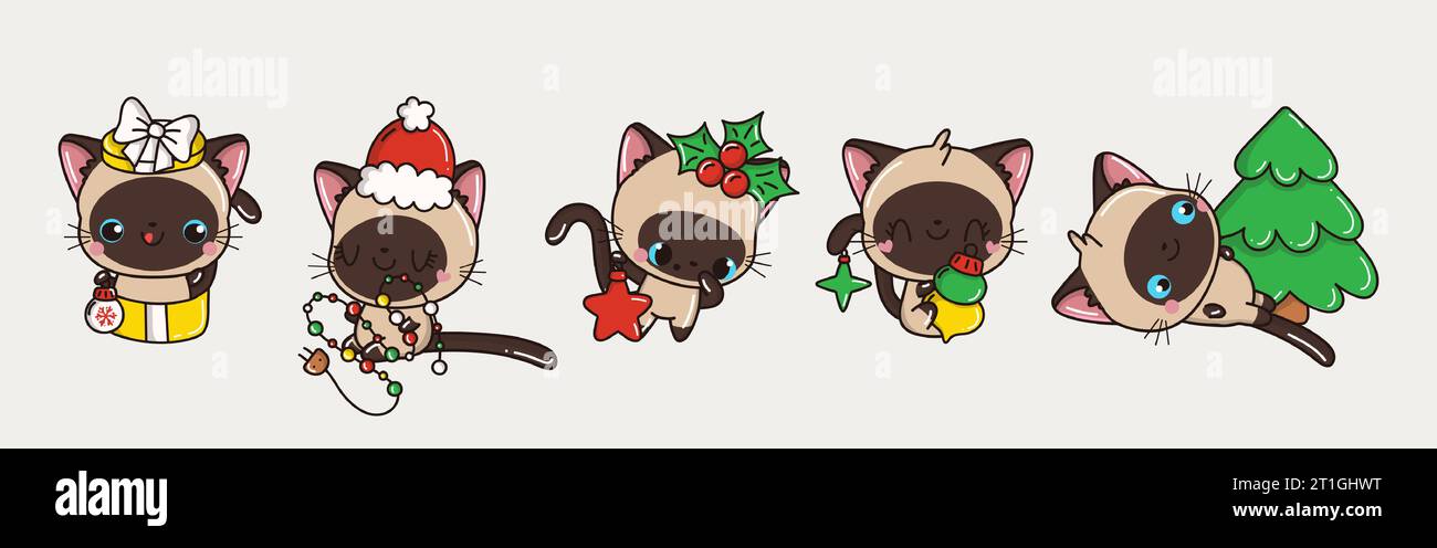 Set di illustrazioni Vector Christmas Siamese Cat. Collezione di Kawaii Christmas Kitten Art Illustrazione Vettoriale