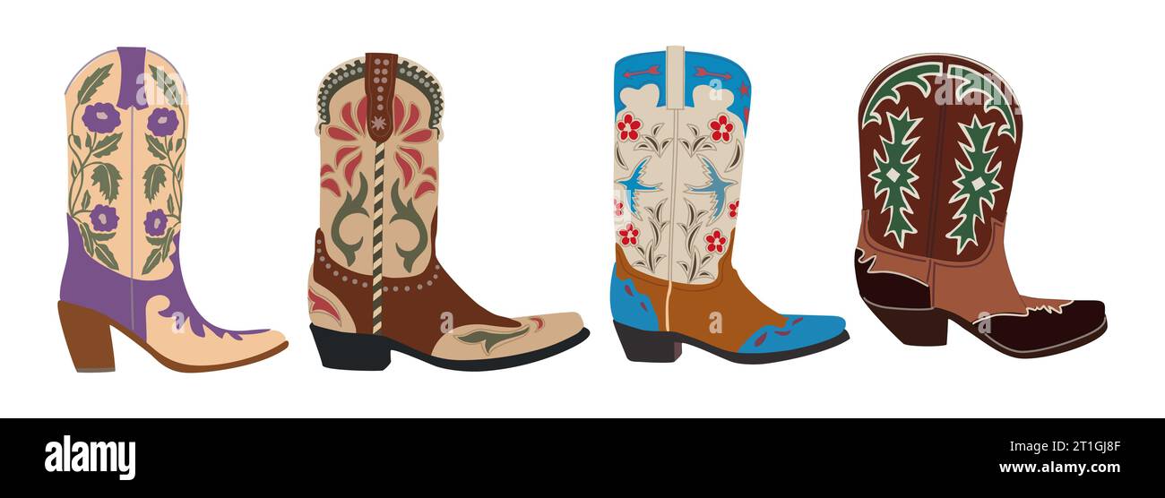 Set di diversi stivali da cowgirl vettore isolato. Illustrazione Vettoriale