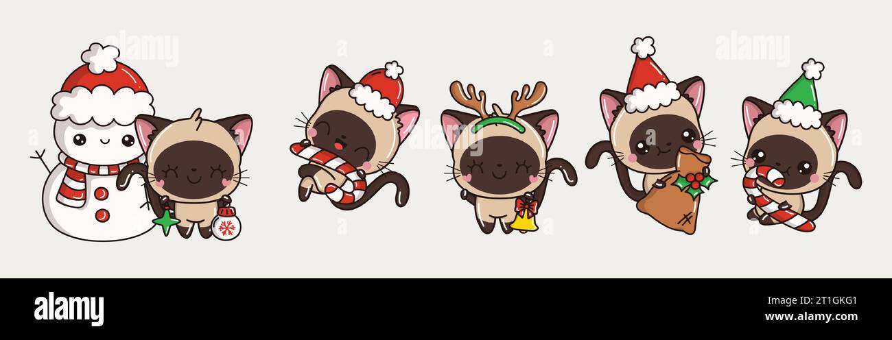 Set di Kawaii Christmas Siamese Cat Vector. Collezione di illustrazioni Vector Xmas Cat per adesivi Illustrazione Vettoriale