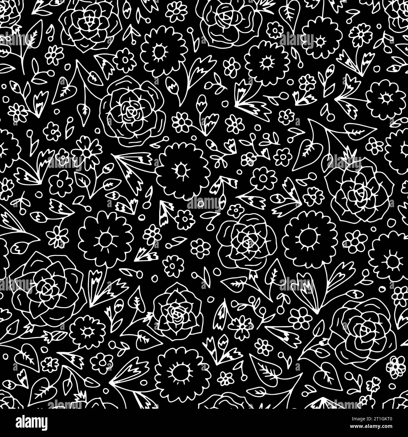 Motivo floreale bianco e nero senza cuciture con sfondo bianco Illustrazione Vettoriale