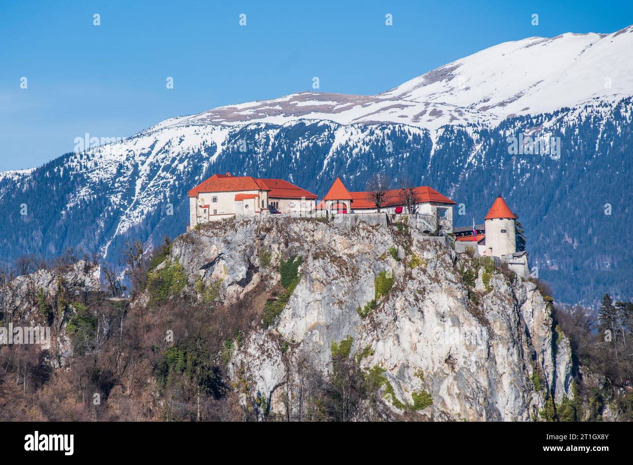 Castello di Bled, con montagne innevate sullo sfondo. Slovenia. Foto Stock