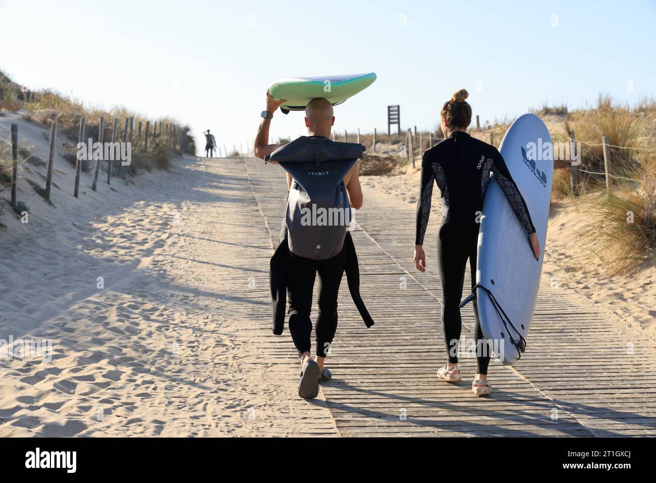 I surfisti attraversano la duna su sentieri progettati per accedere all'Oceano Atlantico. Nel sud-ovest della Francia, la costa dell'Aquitania ha dune sabbiose lungo circa Foto Stock