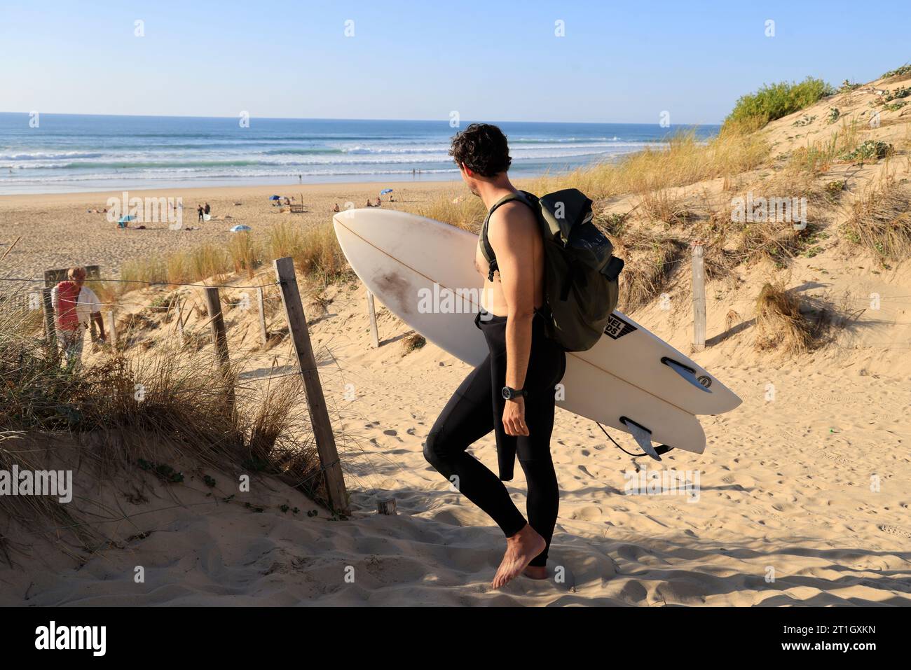 I surfisti attraversano la duna su sentieri progettati per accedere all'Oceano Atlantico. Nel sud-ovest della Francia, la costa dell'Aquitania ha dune sabbiose lungo circa Foto Stock