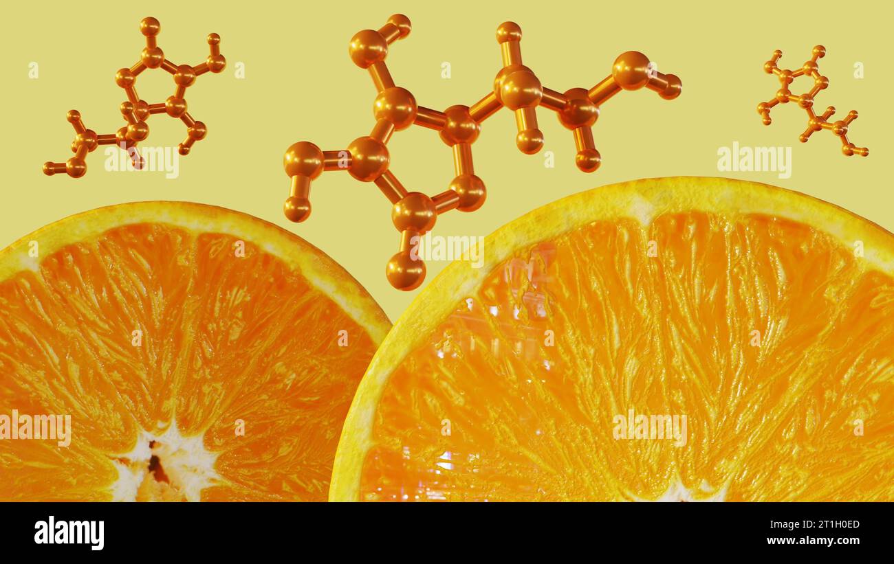 Acido ascorbico o molecola di vitamina c con rendering 3d di frutti arancioni tagliati a metà Foto Stock