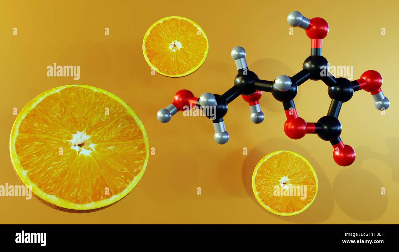 Acido ascorbico o molecola di vitamina c con rendering 3d di frutti arancioni tagliati a metà Foto Stock