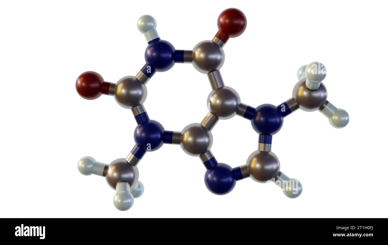 La teobromina o xanteosio, è l'alcaloide principale di Theobroma cacao. Molecole di teobromina isolate nel rendering 3d su sfondo bianco Foto Stock