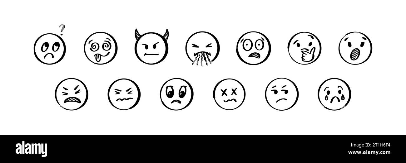 Set emoji Doodle. Illustrazione del vettore di schizzo disegnato a mano. Confezione di diverse emoticon di espressioni negative Illustrazione Vettoriale