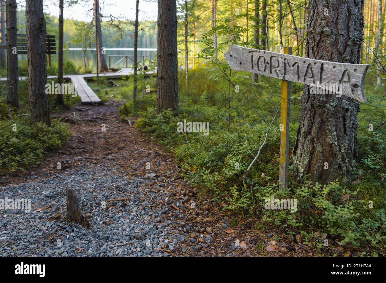 Segnaletica direzionale in legno che punta verso Törmälä nel Parco Nazionale di Konnevesi meridionale, Finlandia Foto Stock