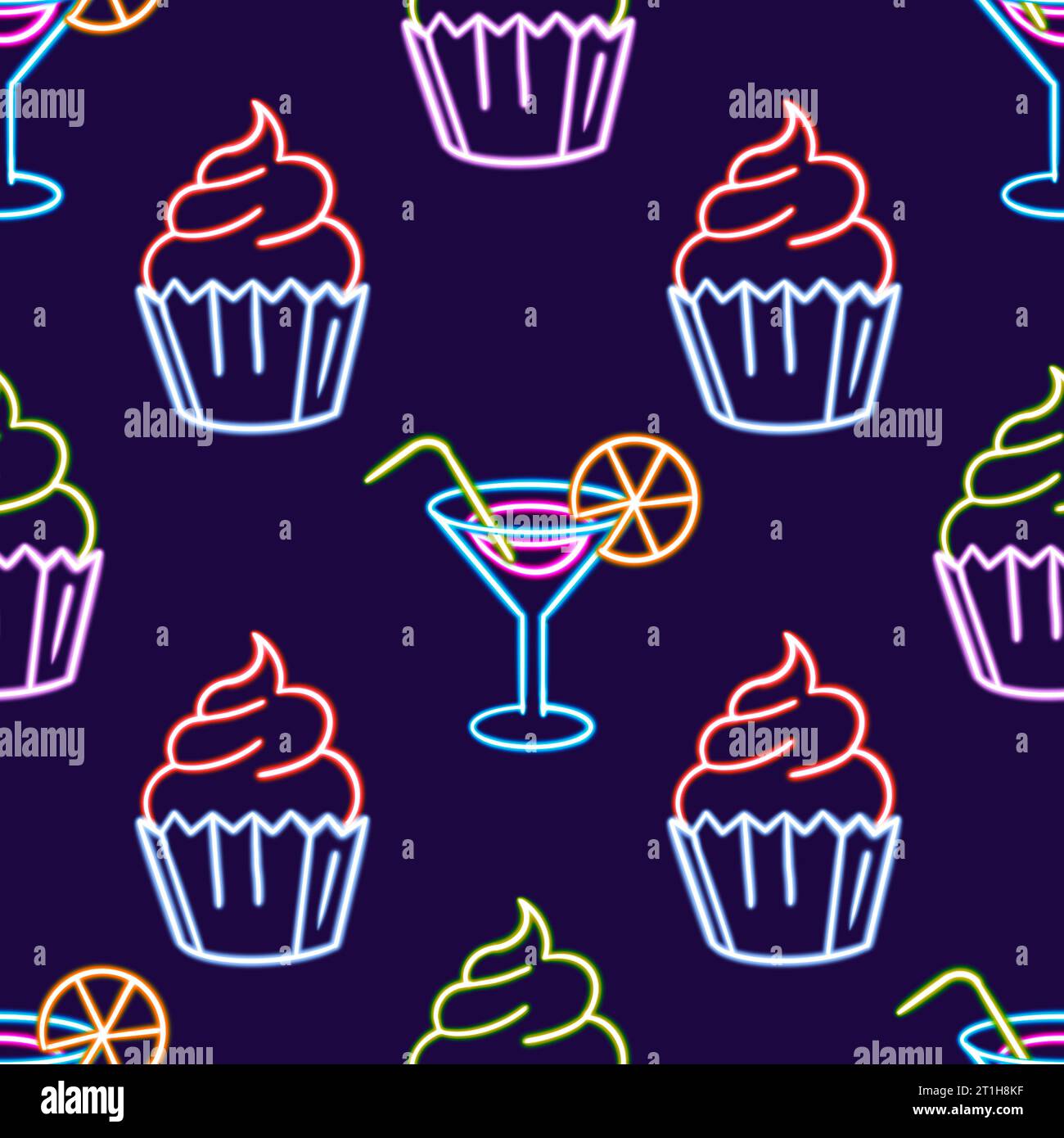 icona desktop illuminata da cocktail bar con motivo senza cuciture, adesivo per cupcake al neon, personaggio per dessert al neon, personaggio luminoso, figure geometriche per caffè al neon Foto Stock