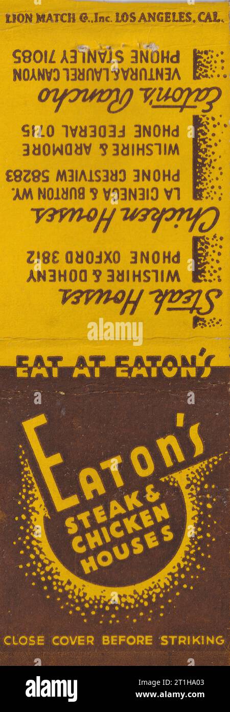 Eaton's Steak & Chicken Houses c1940s - US Matchbook Foto Stock