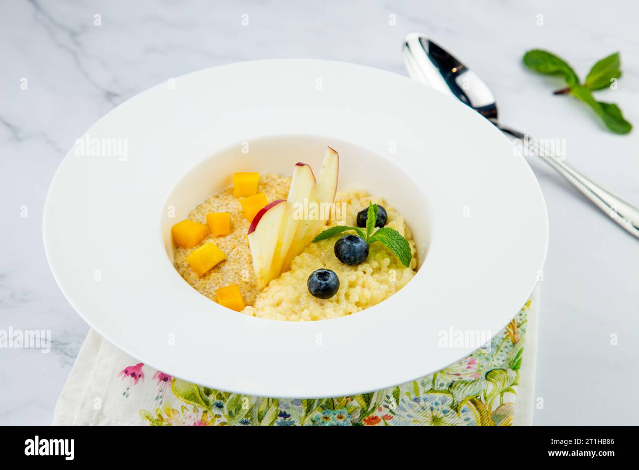 porridge con pezzi di mela, mango, bacche e menta in una vista laterale bianca Foto Stock