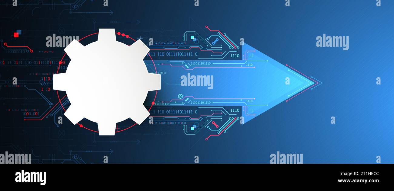 Scheda a circuito stampato con tecnologia astratta. Concetto di comunicazione. Tema freccia. Illustrazione Vettoriale