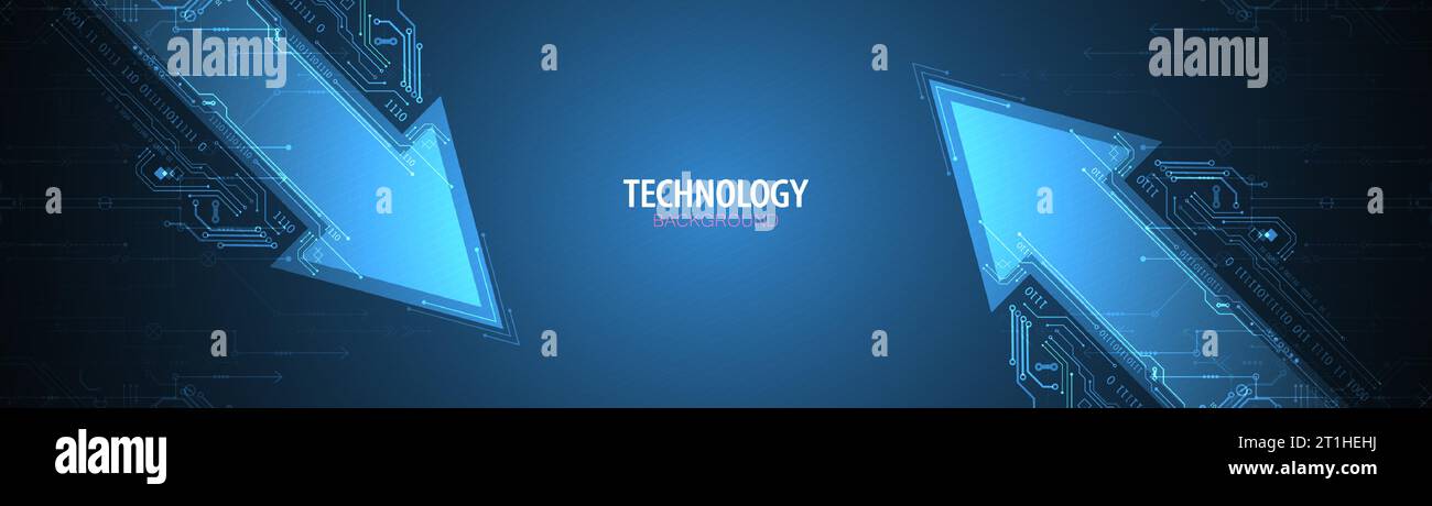 Scheda a circuito stampato con tecnologia astratta. Concetto di comunicazione. Tema freccia. Illustrazione Vettoriale