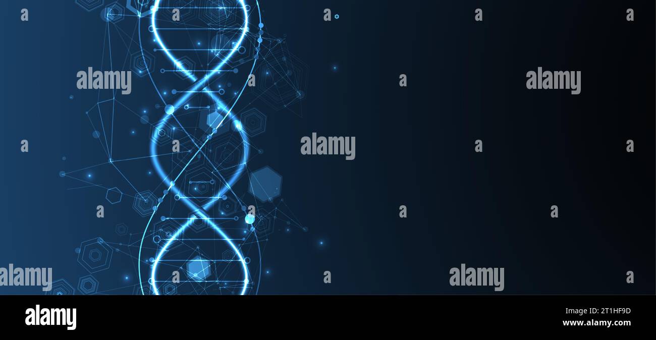 Catena di DNA al neon brillante. Biotecnologia, biochimica, scienza, concetto di medicina. Modello geneering genetico. Illustrazione Vettoriale