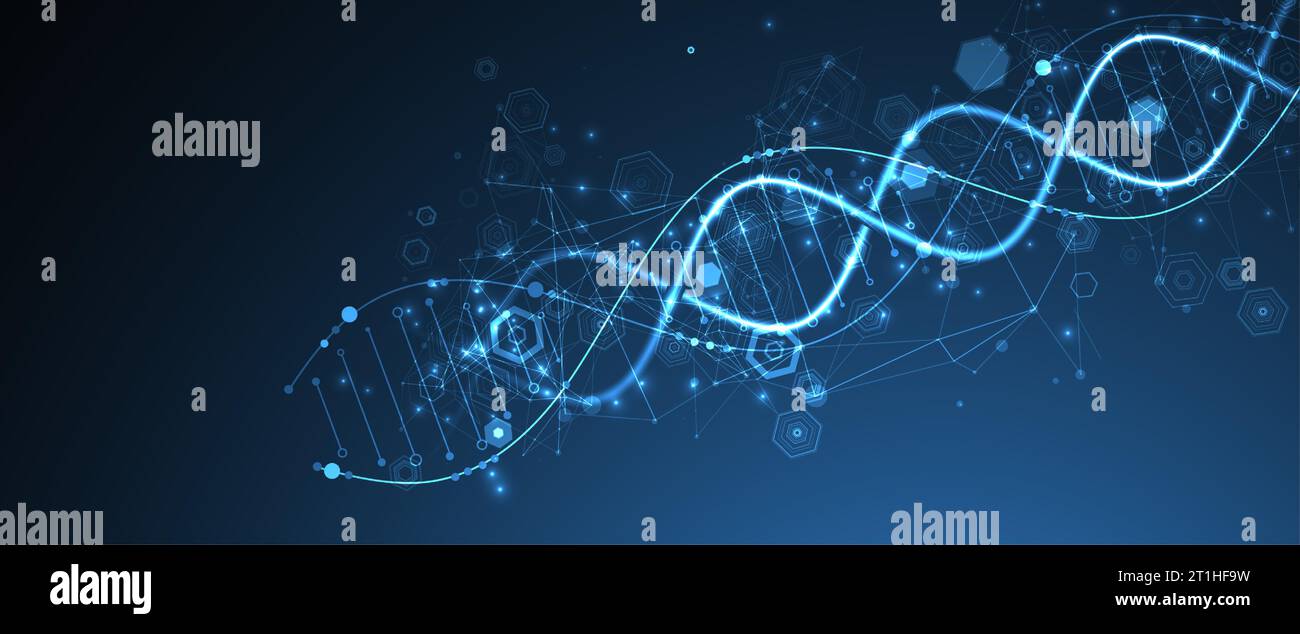 Catena di DNA al neon brillante. Biotecnologia, biochimica, scienza, concetto di medicina. Modello geneering genetico. Illustrazione Vettoriale