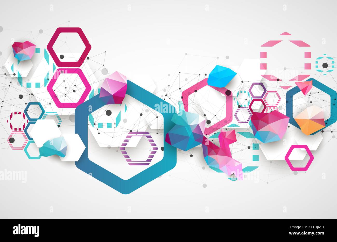 Matrice geometrica esagonale. Sfondo astratto. Scienza e concetto di vettore di connessione. Illustrazione Vettoriale