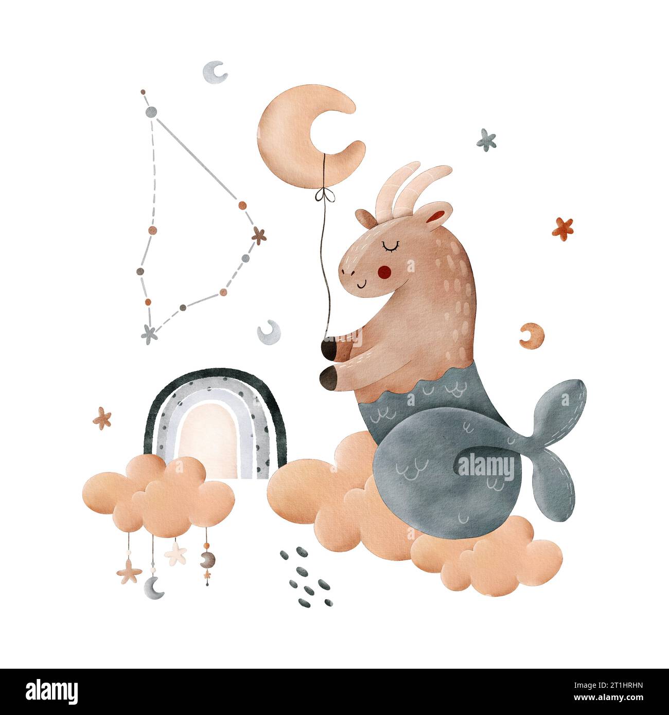 Composizione carina per bambini acquerello con il segno zodiacale Capricorno, arcobaleno, nuvola, stelle, luna e costellazione. Per stampe, imballaggi, cartoline, br Foto Stock