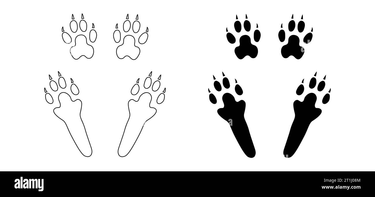 Impronte di zampe di coniglio o lepre. Silhouette e contorno di quattro zampe, posteriore e anteriore. Vettore nero isolato. Stampa Paw step di Bunny, lepre o pika. Icona, simbolo. Stampa, tessuti, cartoline, negozio di animali domestici, zoo Illustrazione Vettoriale