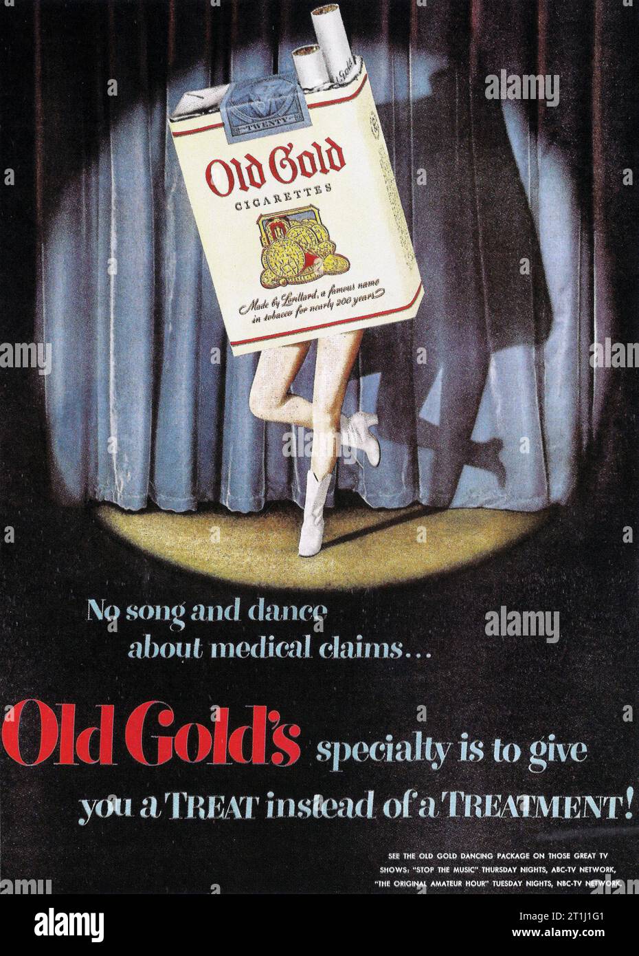 1950 Old Gold sigarettes ad. "Nessuna canzone e danza sulle rivendicazioni mediche." Foto Stock
